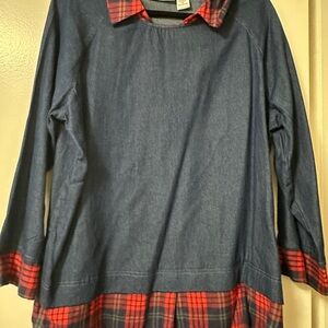 Women's Denim and Plaid Button Down Shirt
